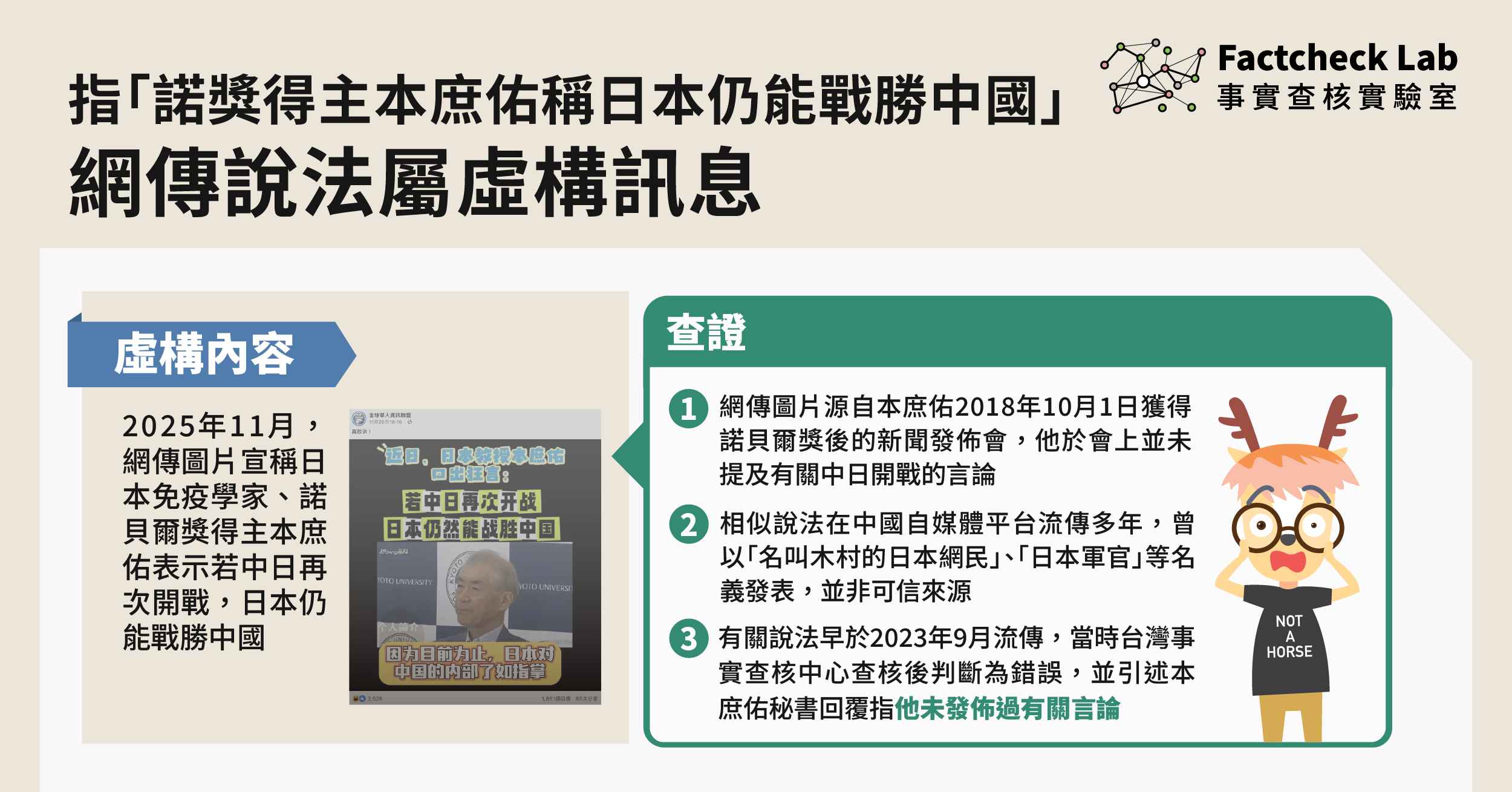 網傳「諾貝爾獎得主本庶佑稱日本仍能戰勝中國」為虛構訊息