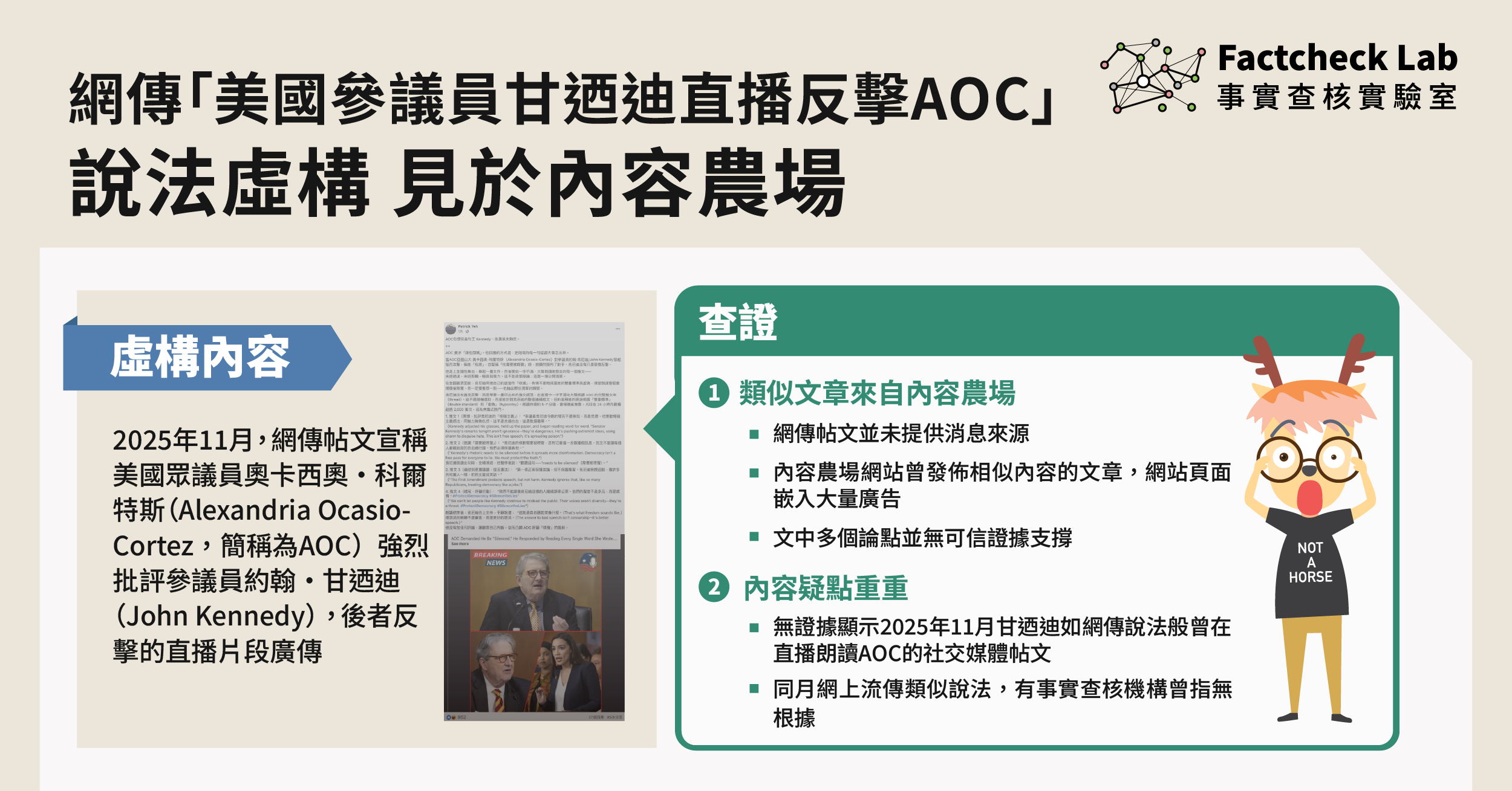 網傳「美國參議員甘迺迪直播反擊AOC」屬虛構，說法可見於內容農場