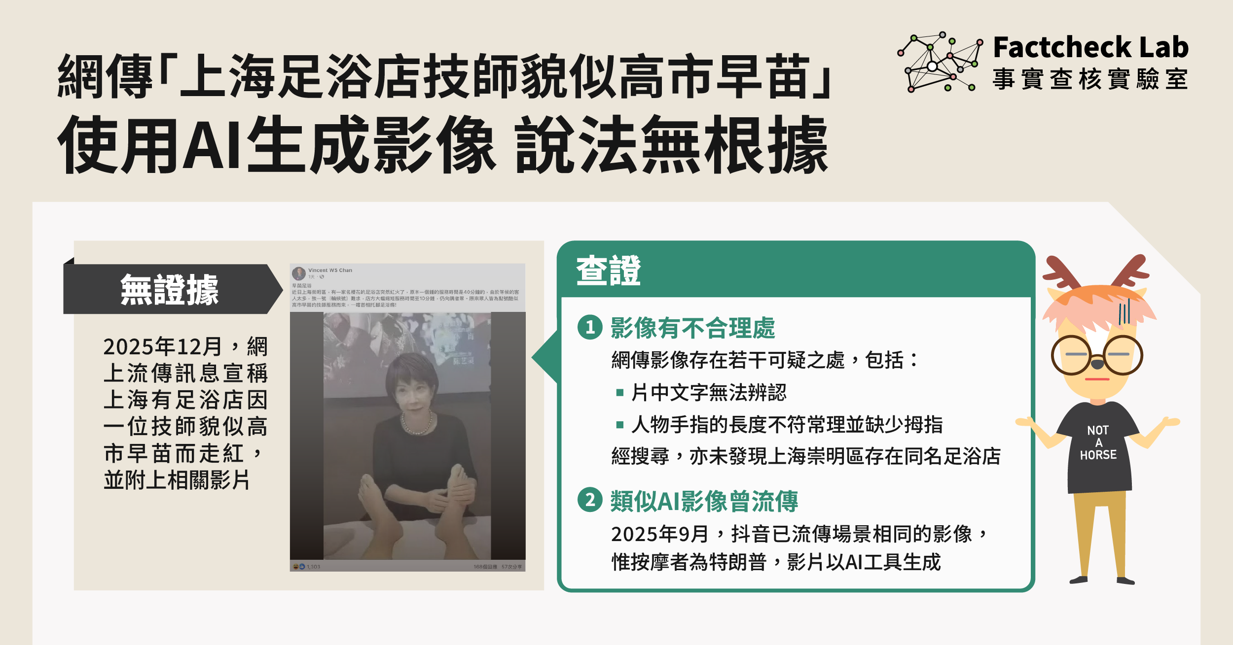 網傳「上海足浴店技師貌似高市早苗」使用AI生成影像，說法無根據