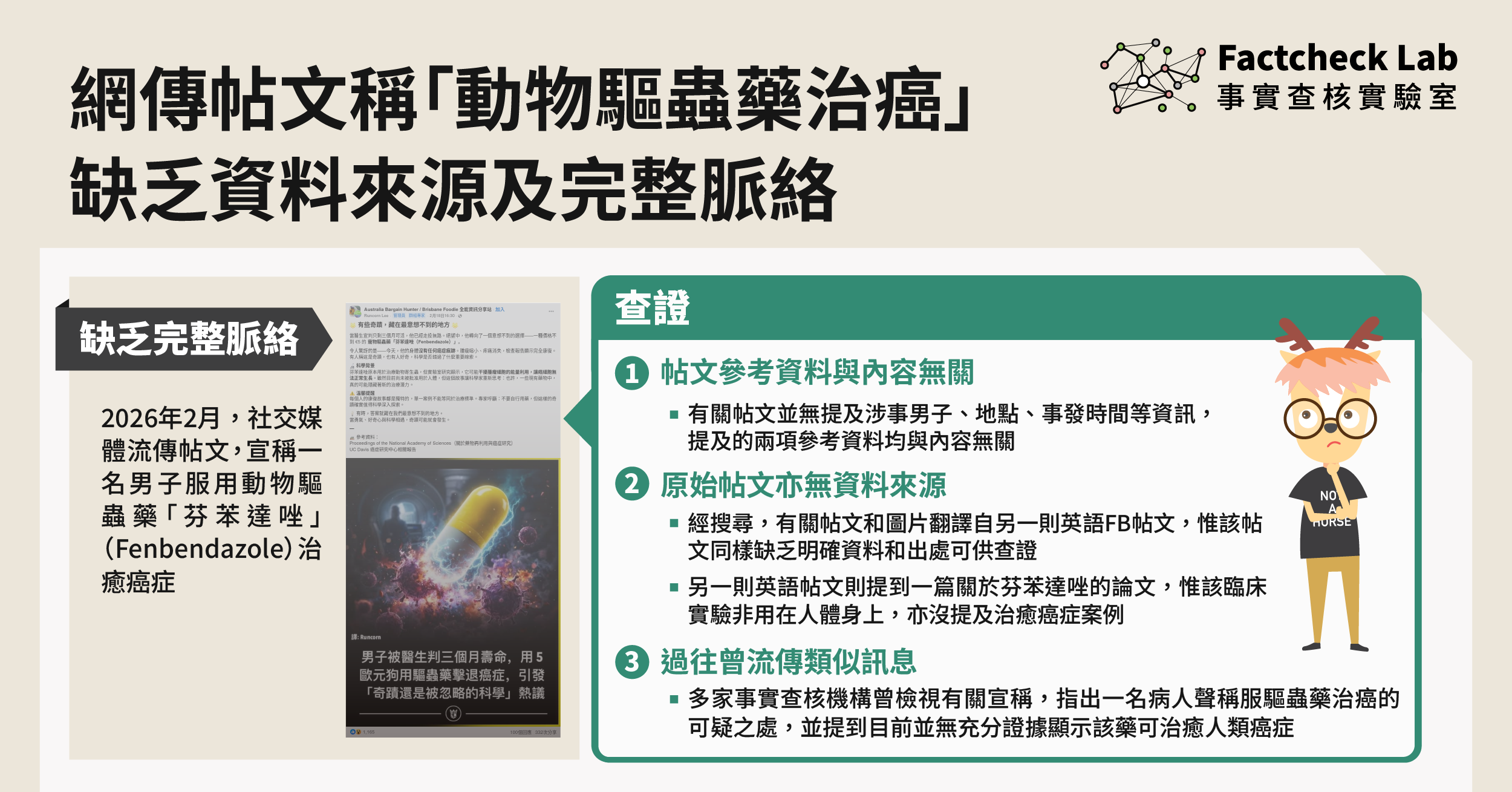 網傳帖文宣稱「動物驅蟲藥治癌」，惟缺乏資料來源及完整脈絡