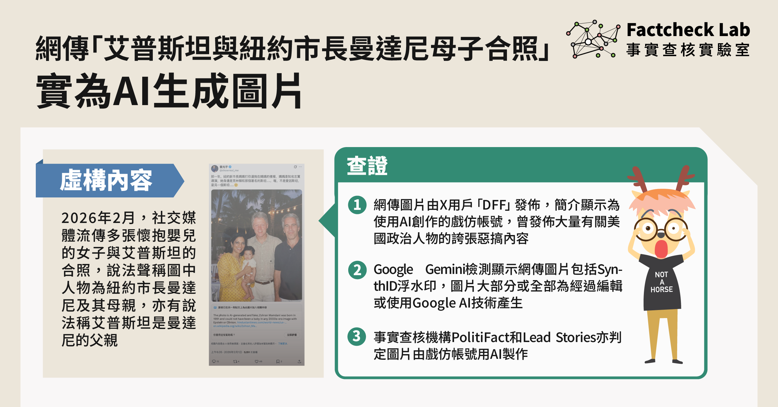 網傳「艾普斯坦與紐約市長曼達尼母子合照」為AI生成圖片