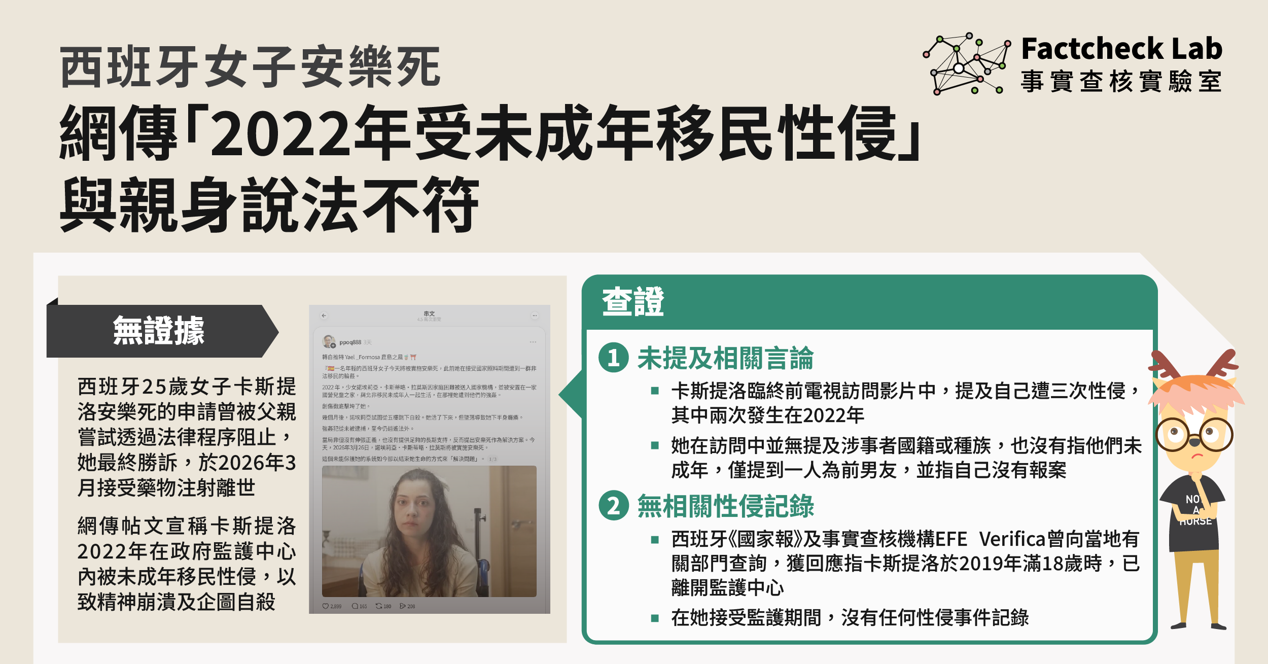 西班牙25歲女子安樂死，網傳「2022年受未成年移民性侵」與其親身說法不符