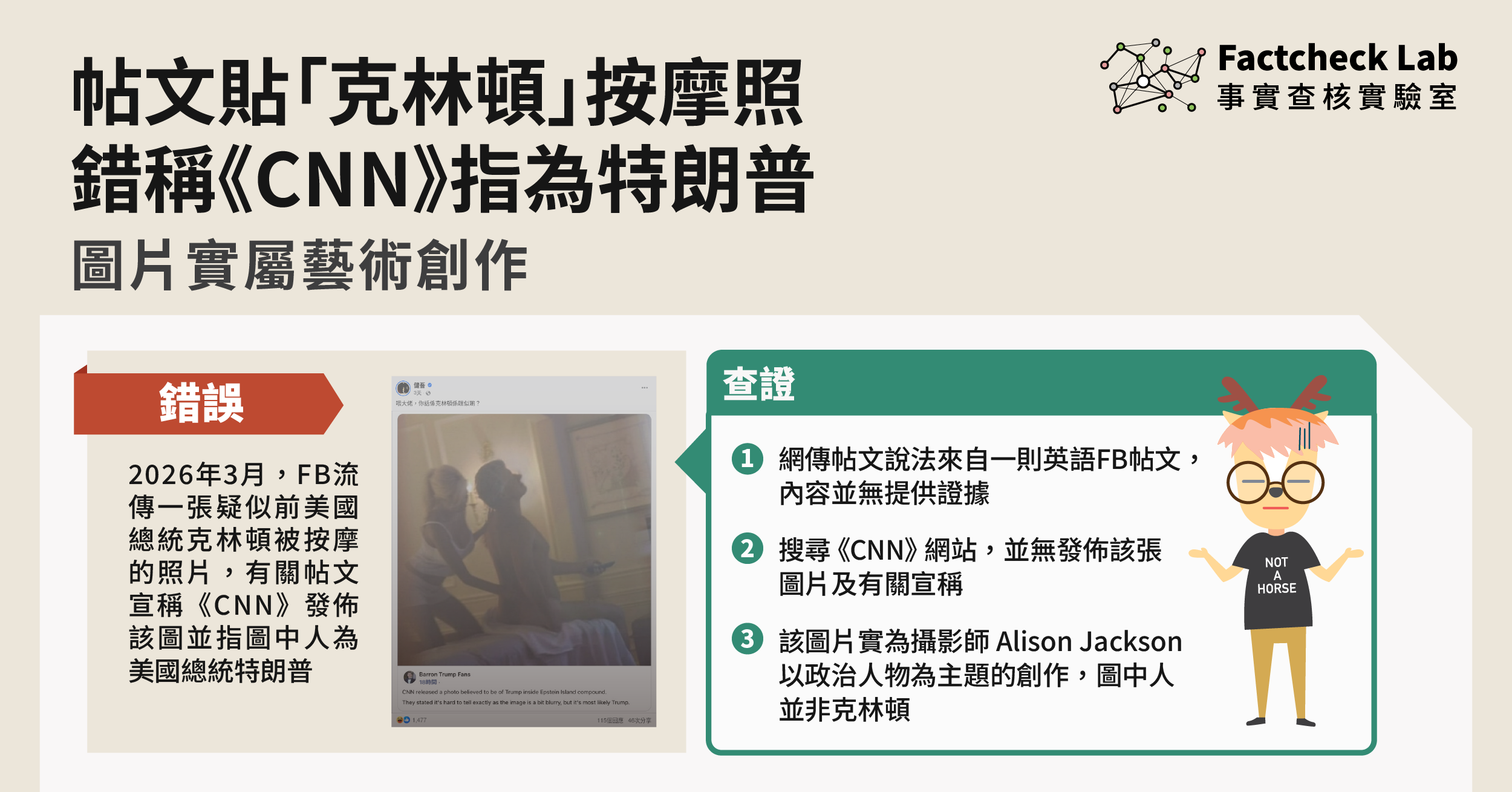 網傳帖文錯誤宣稱《CNN》指「克林頓」照片中人為特朗普，圖片實為藝術創作