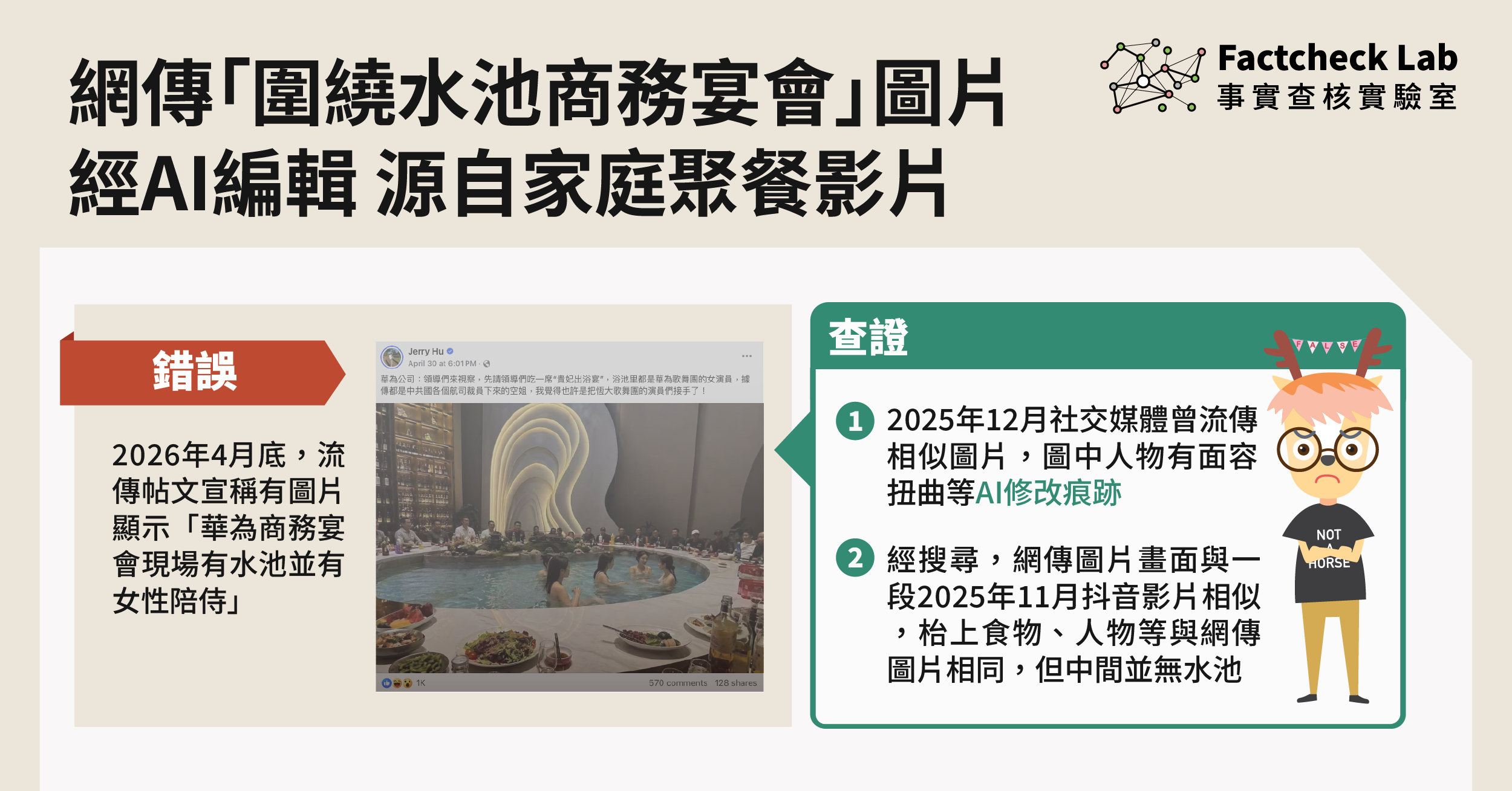 網傳「圍繞水池商務宴會」圖片經AI編輯，出自家庭聚餐影片