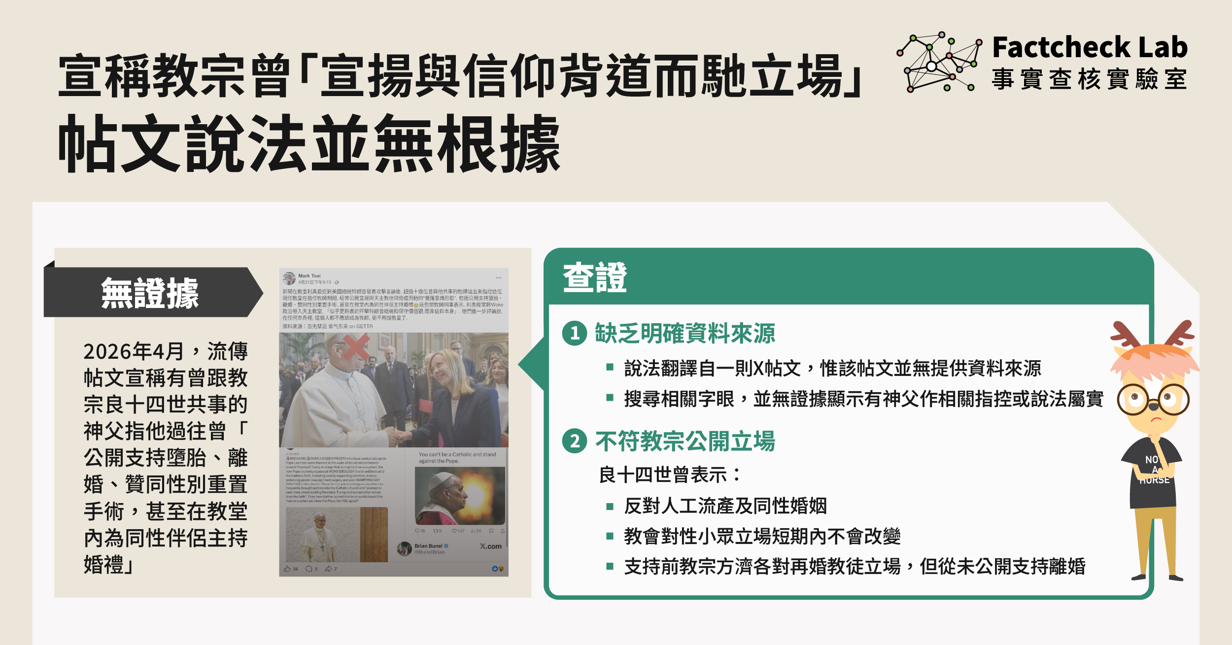 網傳帖文宣稱教宗曾「公開宣揚與天主教信仰背道而馳的立場」並無根據