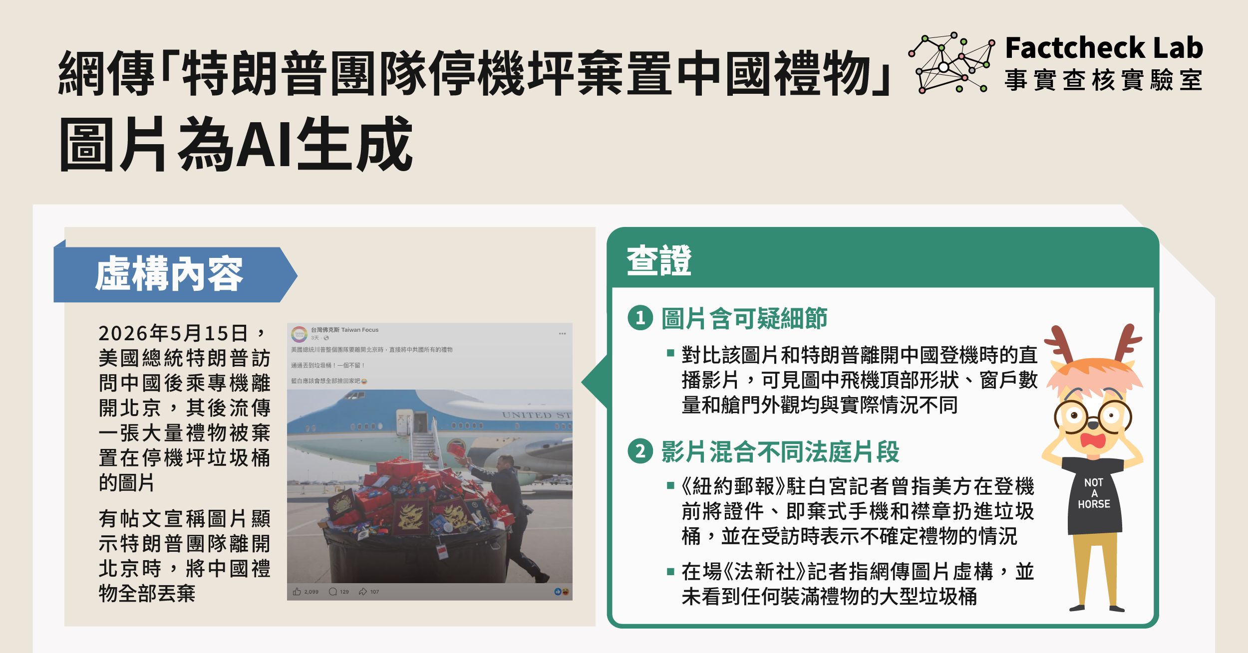 網傳「特朗普團隊停機坪棄置中國禮物」圖片為AI生成