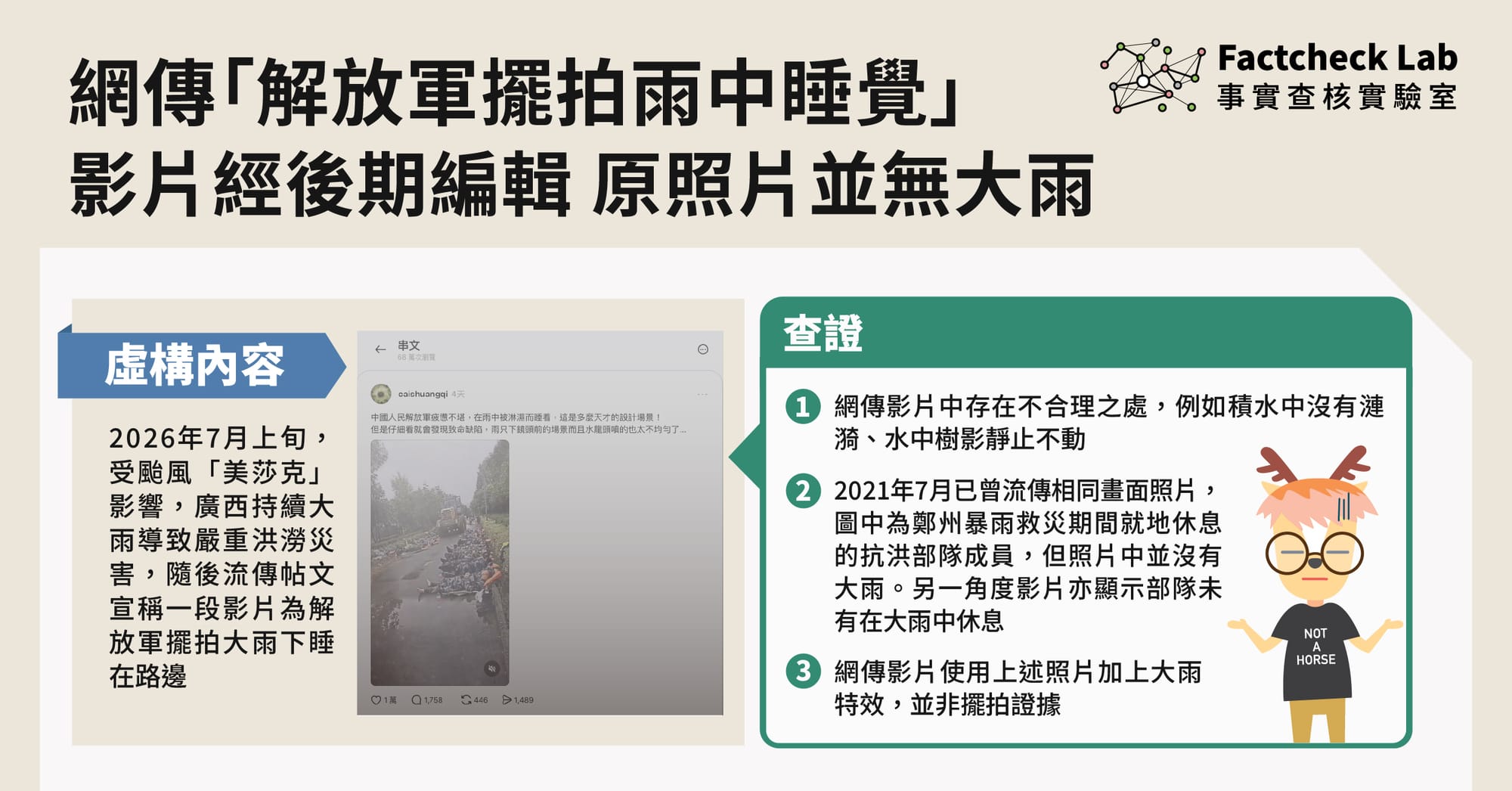 網傳「解放軍擺拍雨中睡覺」影片經後期編輯，原照片並無大雨