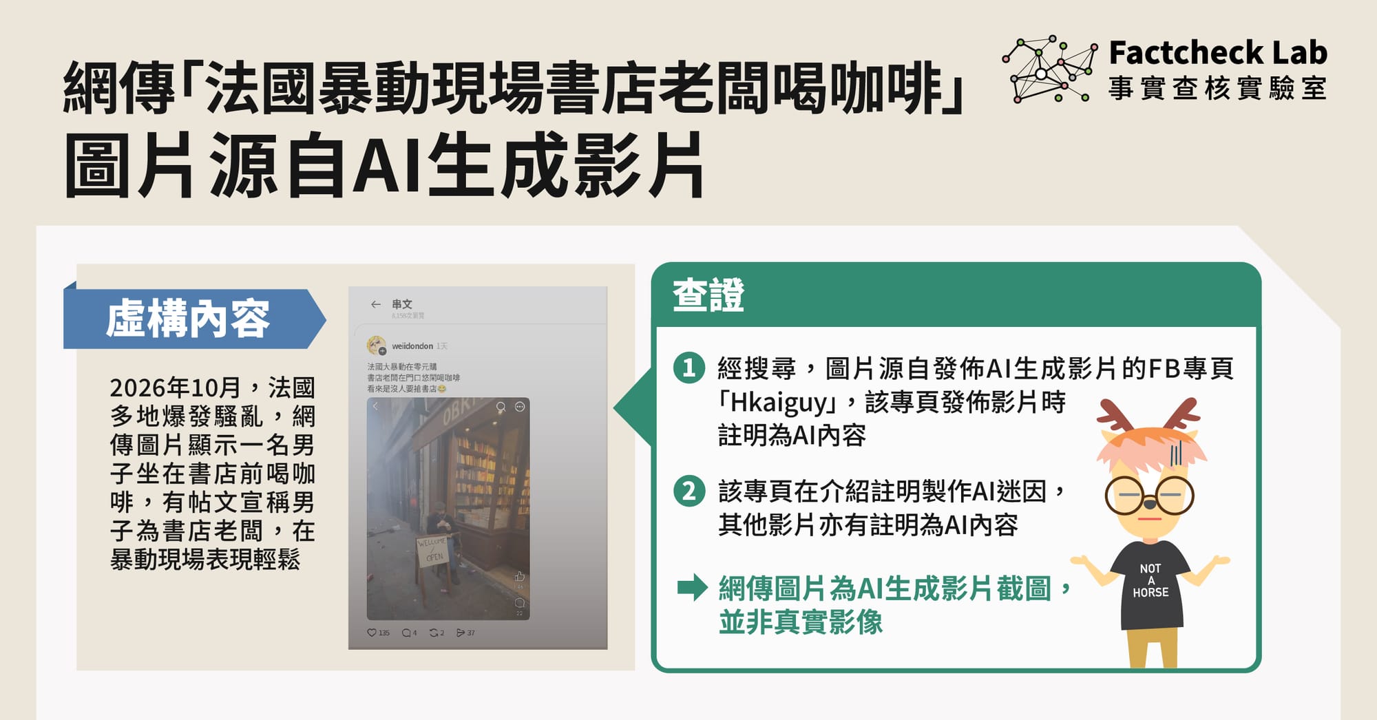 網傳「法國暴動現場書店老闆喝咖啡」圖片源自AI生成影片