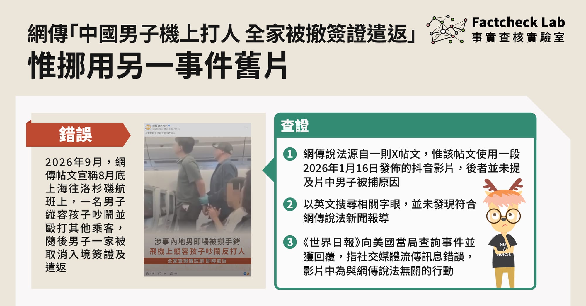 網傳帖文稱「中國男子機上打人，全家被取消簽證遣返」惟挪用另一事件舊片